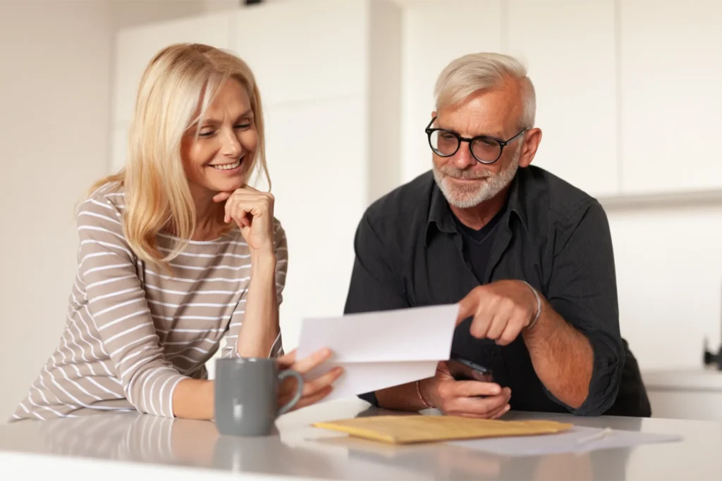 Two people reading through documents together